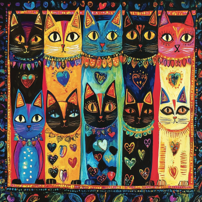 Colorful Naif Cat Illustration