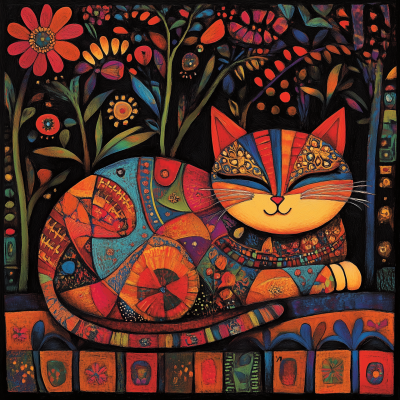 Colorful Naif Cat Illustration