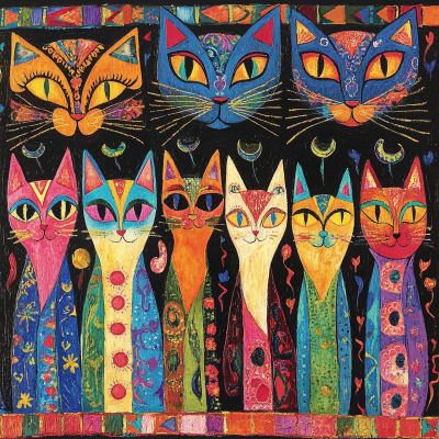 Colorful Naif Cat Art