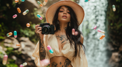 Brunette Woman with Camera in Jungle
