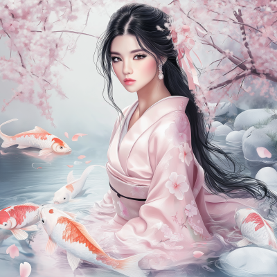 Beautiful Japanese Woman by the Pond