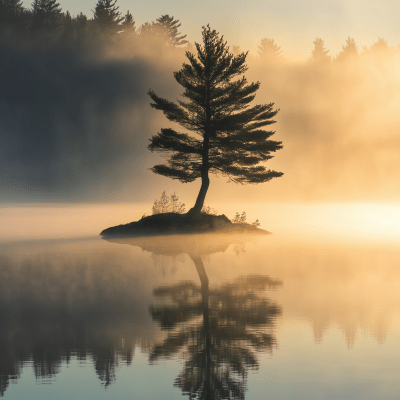 Misty Tree on a Misty Lake