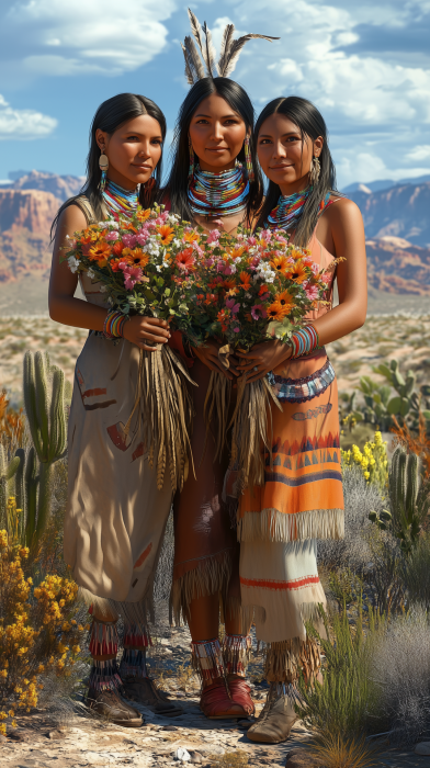 Native American Women with Flower Bouquets