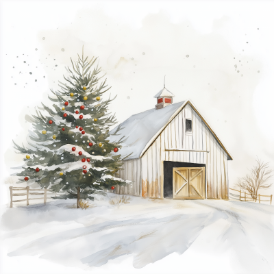 Watercolor Christmas Barn