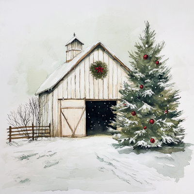 Watercolor Christmas Barn