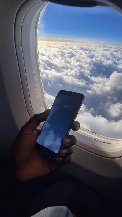 Hand Holding Phone in Flight