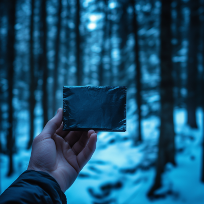 Hand Holding Sachet in Snowy Forest