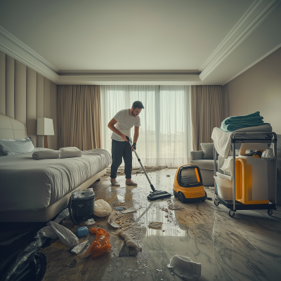 Man Cleaning Hotel Room