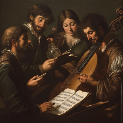 Ancient Musicians Analyzing Sheet Music