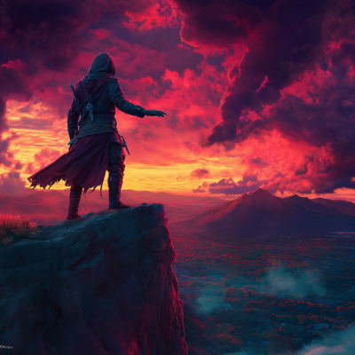 Mysterious Hooded Figure at Sunset