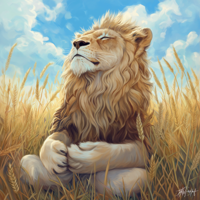 Meditating Lion in Wheat Field