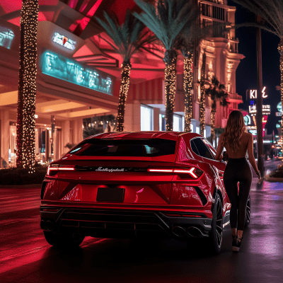 Red Lamborghini Urus at Vegas Valet