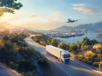 Truck and Airplane Over City