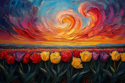 Vibrant Tulip Fields at Sunset