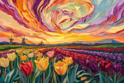 Vivid Dutch Tulip Fields at Sunset