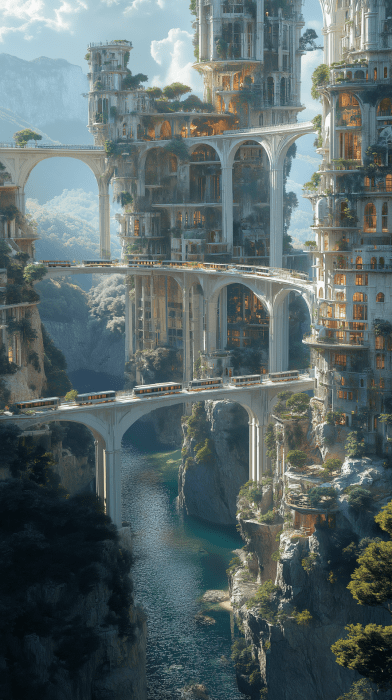 Futuristic Village Overlooking a River