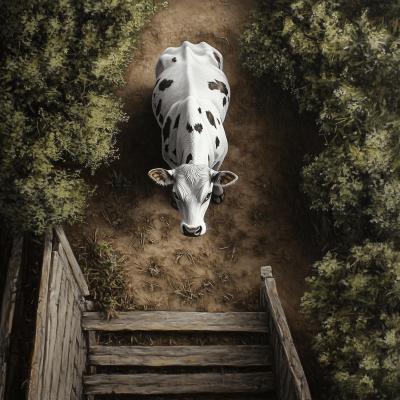 Looking Down at a Cow on a Farm