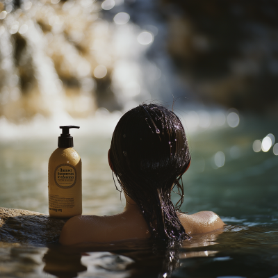 Woman Washing Hair Under Waterfall