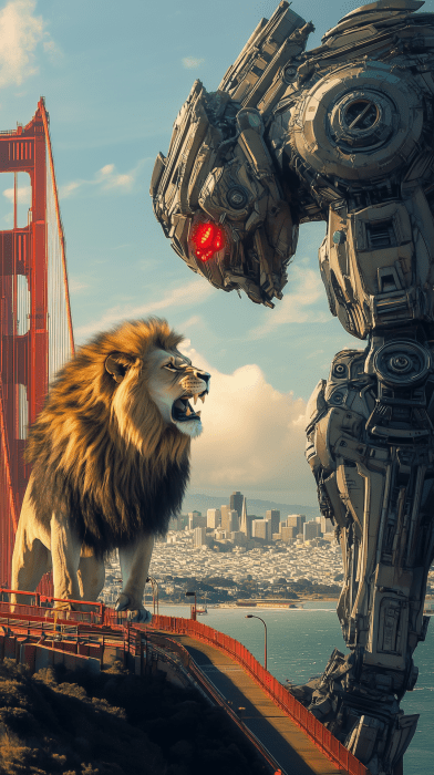 Lion vs Robot on the Bridge