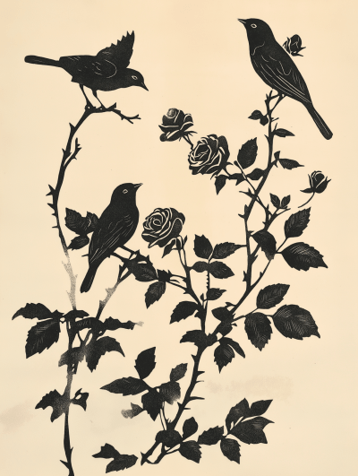 Vintage Rose and Birds Print