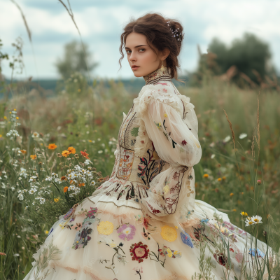 Slavic Organza Gown with Wildflowers