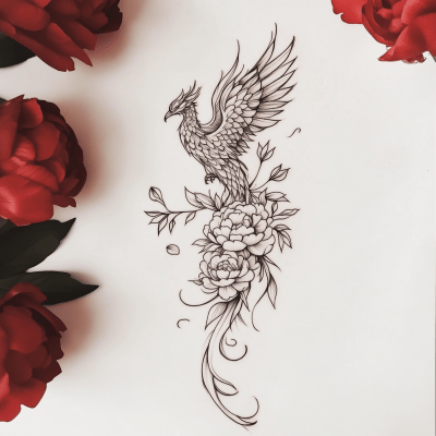 Phoenix and Peonies Tattoo Drawing