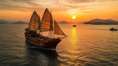 Ancient Chinese Merchant Ship at Sunset