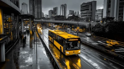 Busy Avenue with Yellow Bus