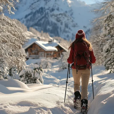 Woman Snowshoeing in Deep Snow