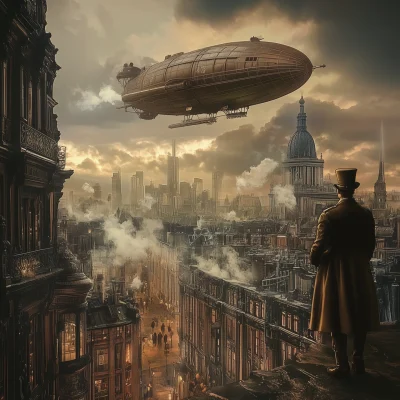 Steampunk Zeppelin Over Cityscape