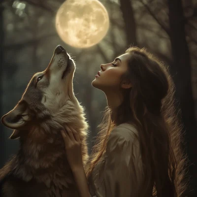 Beautiful Woman and Wolf in the Woods