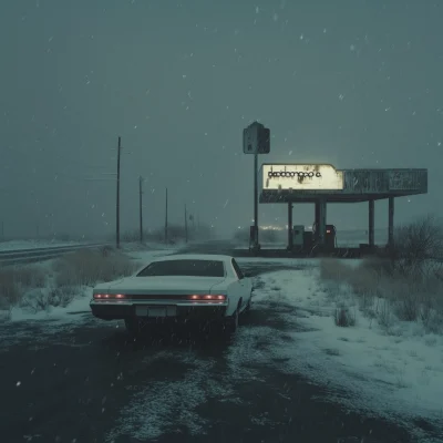 Solitary White Car on a Snowy Highway