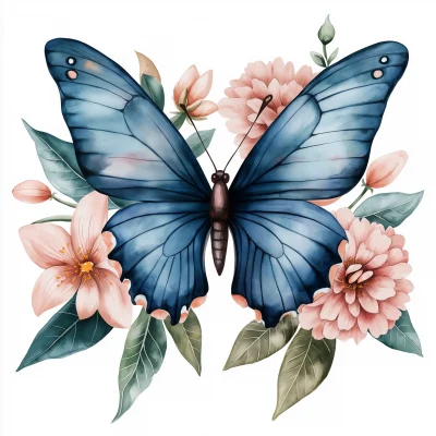 Blue Butterfly with Flowers