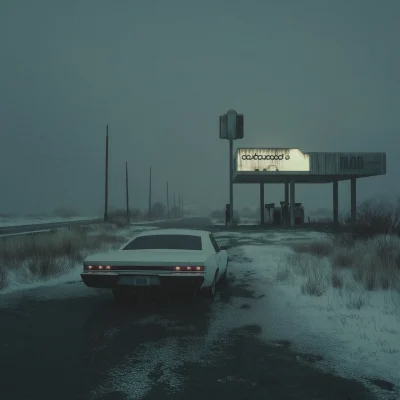 Solitary Car on a Snowy Highway