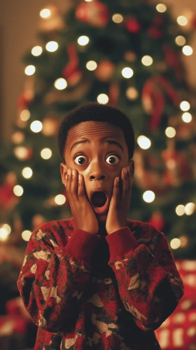 Surprised Young Boy in Christmas Setting