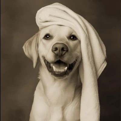 Smiling Labrador in Towel