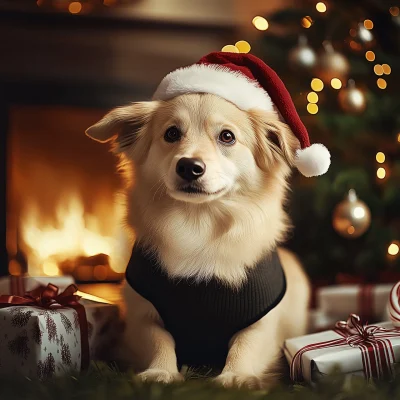 Festive Dog by the Tree