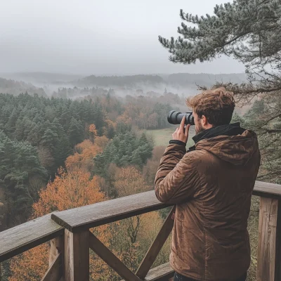 Man with Binoculars at Wooden Tower