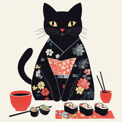 Elegant Black Cat in Kimono