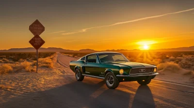 Vintage Green Mustang on Highway