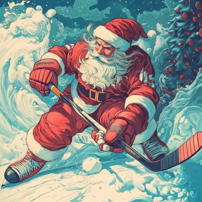 Santa Playing Ice Hockey