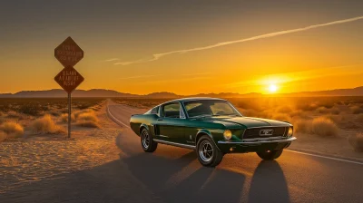 Vintage Green Mustang on Desert Highway