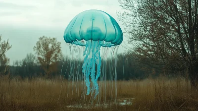 Giant Blue Jellyfish in a Green Field