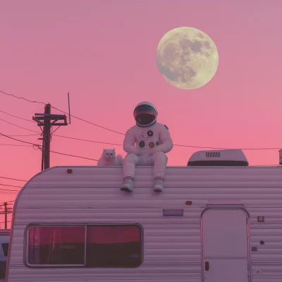 Astronaut and Cat at Sunset