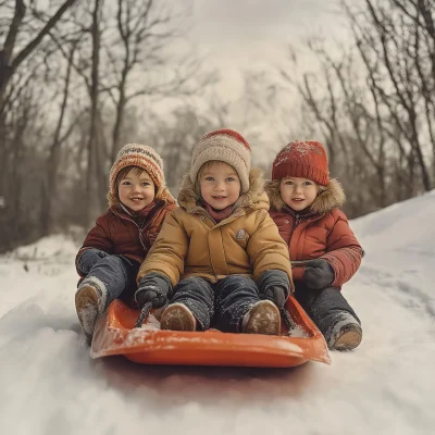 Toddlers Sledding in Winter