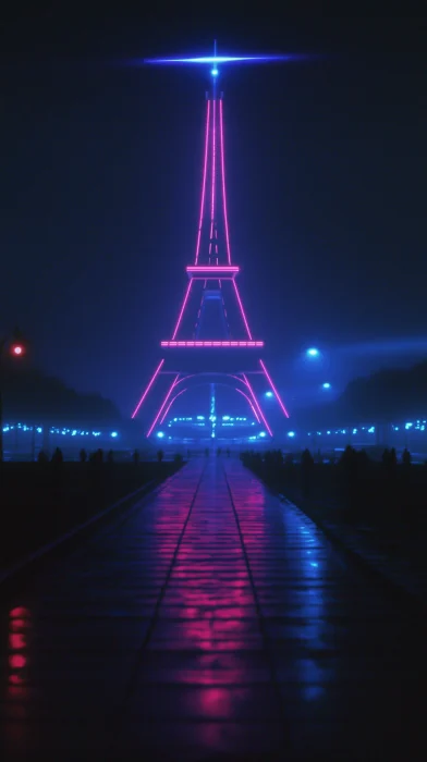 Retrofuturistic Eiffel Tower at Night