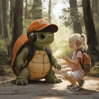 Turtle and Girl in the Woods