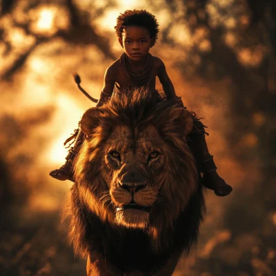 Young Tribal Boy Riding a Lion