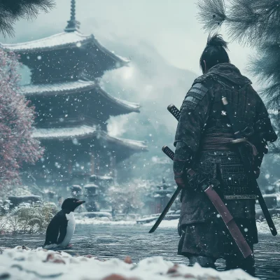 Penguin Samurai in a Snowy Temple