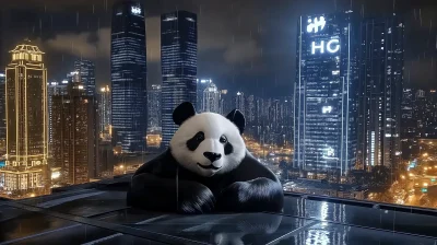 Panda Sculpture at Night